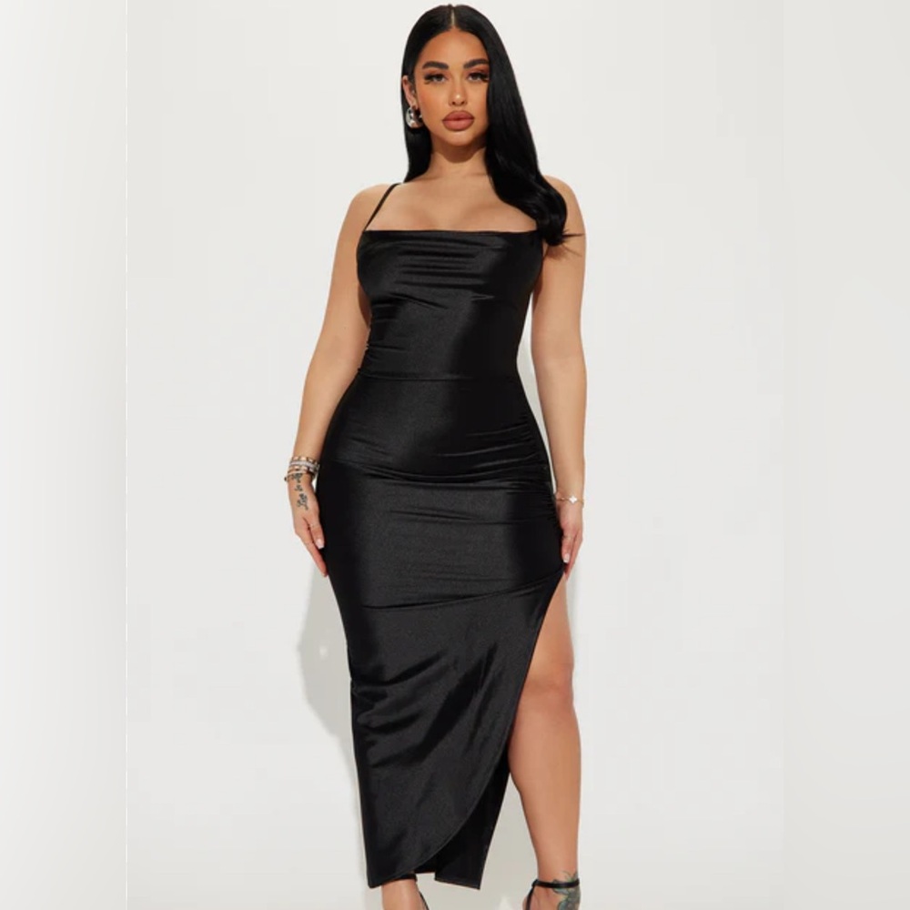 Fashion Nova Asymmetrical satin Black Dress